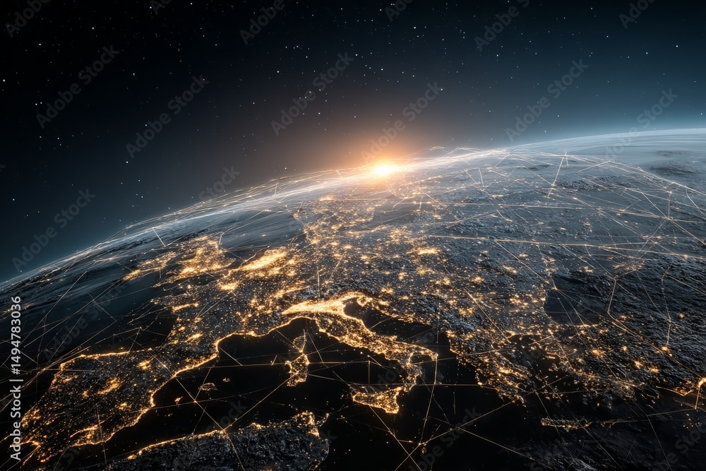 Aufkleber view of earth from space showcasing european cities illuminated at night with communication networks