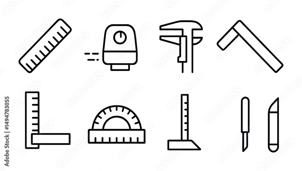 Poster measurement tools line icons set – linear, outline, precision and instrument symbols