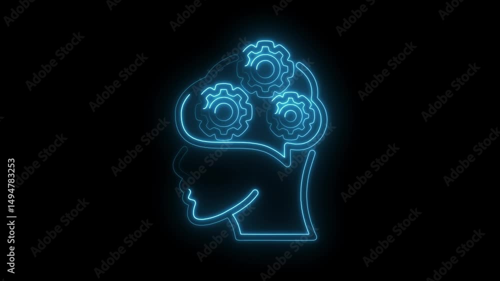 Poster neon head with gears rotating representing thinking and innovation concept animated on black backgro