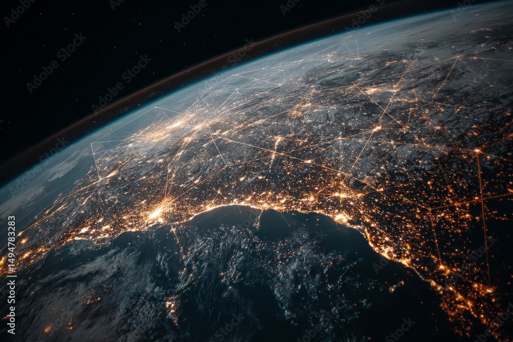 Aufkleber View of Earth from space showing illuminated cities and connections across continents at nighttime