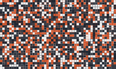 Abstract mosaic of small squares in orange, black, and white.  Perfect for backgrounds, website design, or modern art projects.