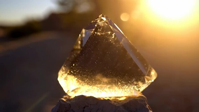 Clear pyramid reflecting the sunlight, casting a golden glow across the crystal against an outdoor background.