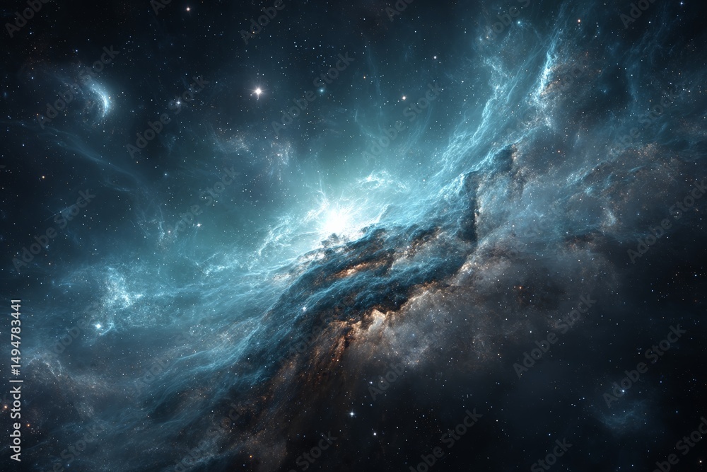 Poster vibrant cosmic nebula in deep space showcasing swirling gases and stars in a breathtaking display