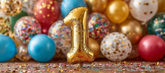 Fototapeta premium Golden Number 1 Balloon for First Birthday Surrounded, Colorful Festive Balloons and Confetti