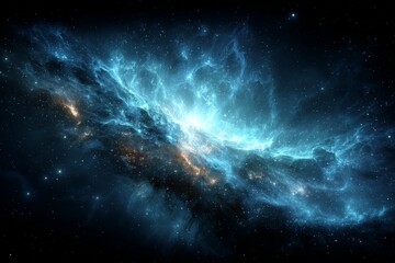 Obraz premium Vibrant cosmic nebula illuminating the depths of outer space in brilliant blue hues and scattered star fields
