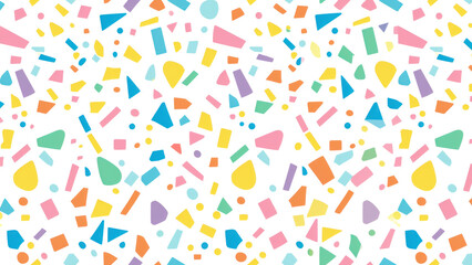Colorful confetti style pattern with geometric shapes scattered on a white background design effect