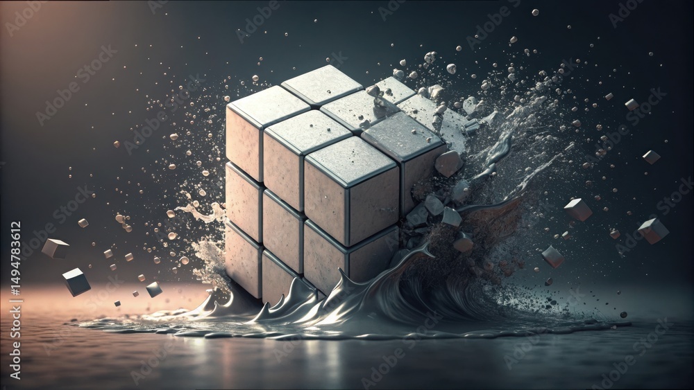 Poster Breaking Apart and Reforming Cube with Splashing Water Effect