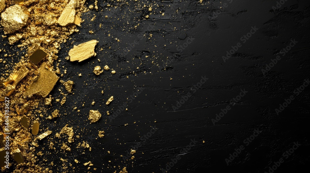 Poster matte black background with gold dust particles softly scattered across the surface