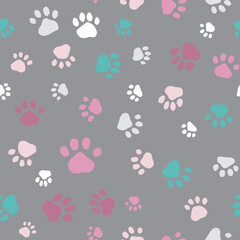 Seamless vector background with pink and white cartoon paw prints on neutral gray backdrop for pet textiles