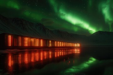 Illuminated building reflects in calm water under vibrant aurora borealis