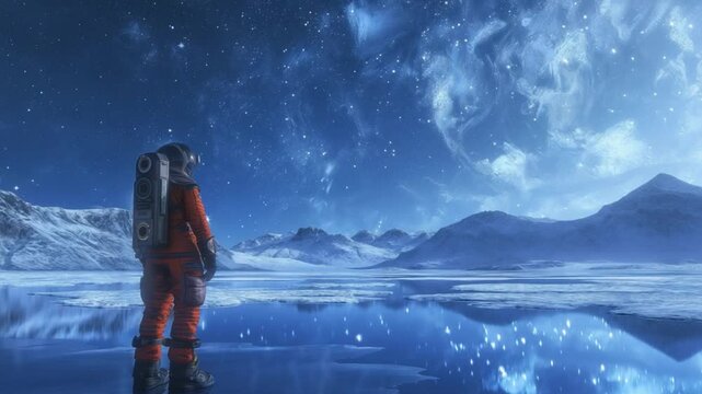 Astronaut gazing at frozen landscape under star-filled sky on distant planet during interstellar exploration