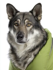 Visually striking , photorealistic of a wolf wearing a jacket, isolated on white background,