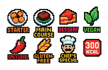 Restaurant and dining pixel art icons set – culinary, food, menu graphics