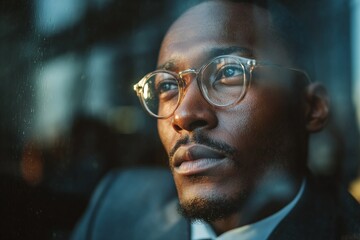 Thoughtful man gazing out a window in a city setting during golden hour light