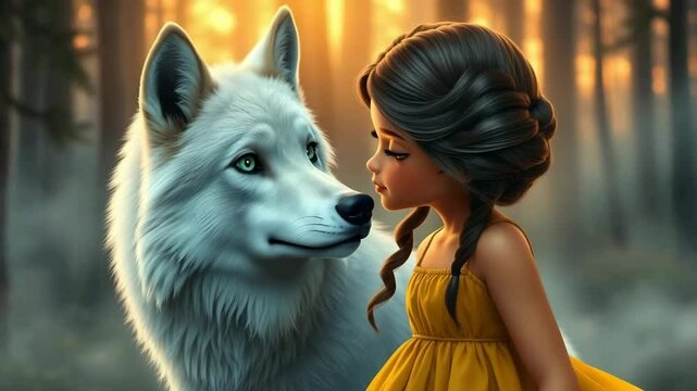 Young girl in yellow dress gazing at white wolf in a forest  