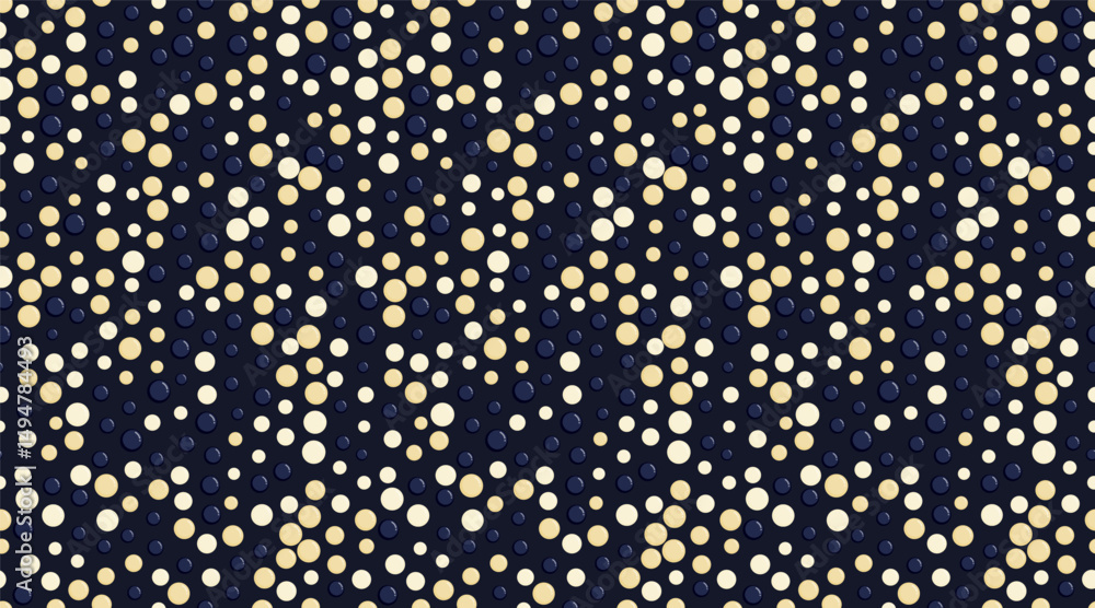 Poster elegant navy blue background adorned with a dynamic, swirling pattern of offwhite and cream circles.