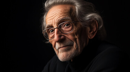 Obraz premium Portrait of an elderly man with deep wrinkles, gray hair, and glasses on a dark background. His gaze is thoughtful, filled with wisdom and calm