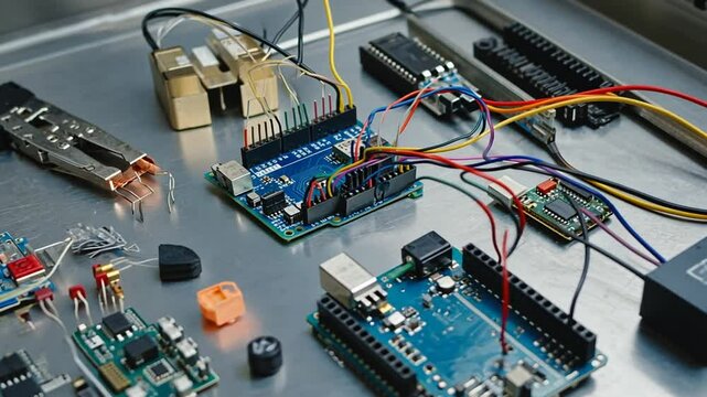 Workshop with cables and electronic mechanisms.
