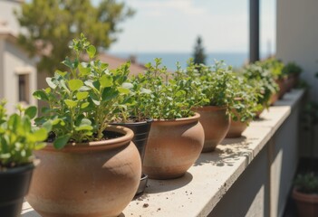 Fototapeta premium Row of potted herbs on a sunny balcony with a scenic view