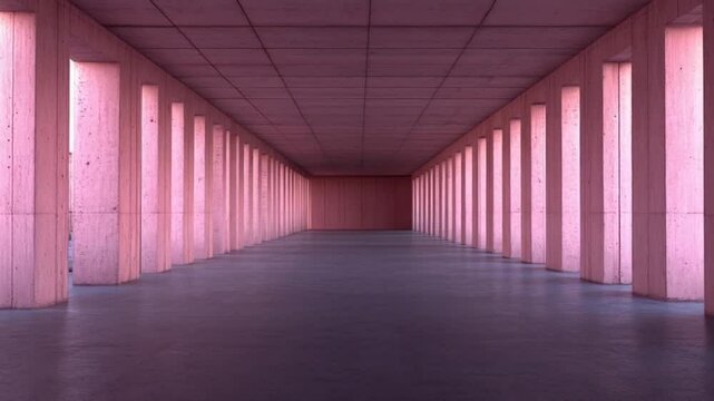 Empty pink concrete corridor  A long straight hallway with columns and a smooth floor