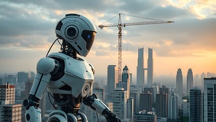 Fototapeta premium Artificial intelligence robots constructing and maintaining the city.