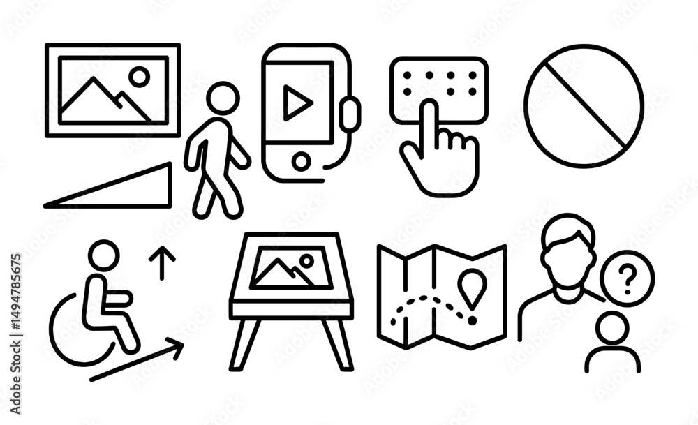 Poster accessibility outline icons set – linear, universal design and inclusive symbols