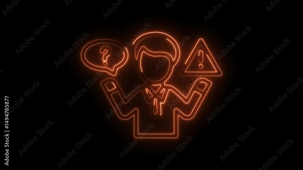 Poster neon business person with question mark and warning sign representing problems and solutions