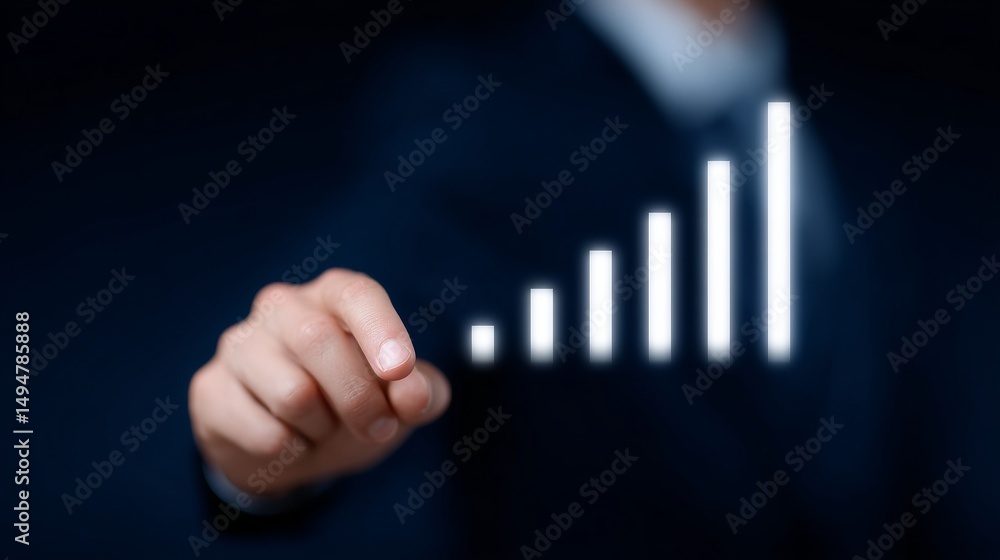 Poster a hand reaching towards a glowing bar chart symbolizing growth and progress. this modern image captu