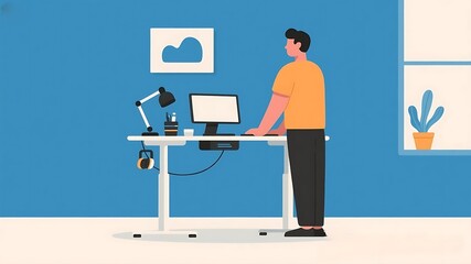 Man Working at Modern Ergonomic Standing Desk with Computer in Home Office, Promoting Healthy Posture and Flexible Work Environment, 4k