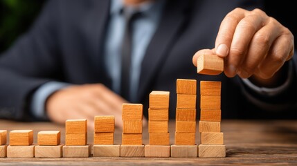 Person carefully constructing a wooden block structure on a table representing urban economic expansion forecast