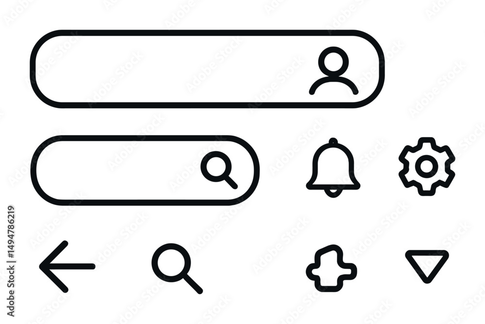 Poster web interface line icons set – search, user, notification symbols
