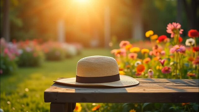 Straw hat resting on wooden bench in blooming summer garden seamless looping 4k time-lapse animation video background