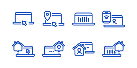 Remote Work Line Icons . Freelancer Work from Home, Video Call, Online Meeting, Teleconference Vector Set