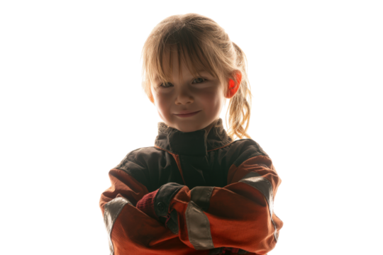 Little girl in a fire suit crossing her arms with a determined smile