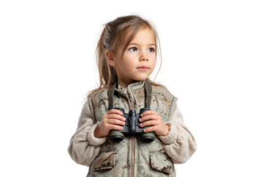 Girl in a camouflage vest holding a toy binoculars - Powered by Adobe