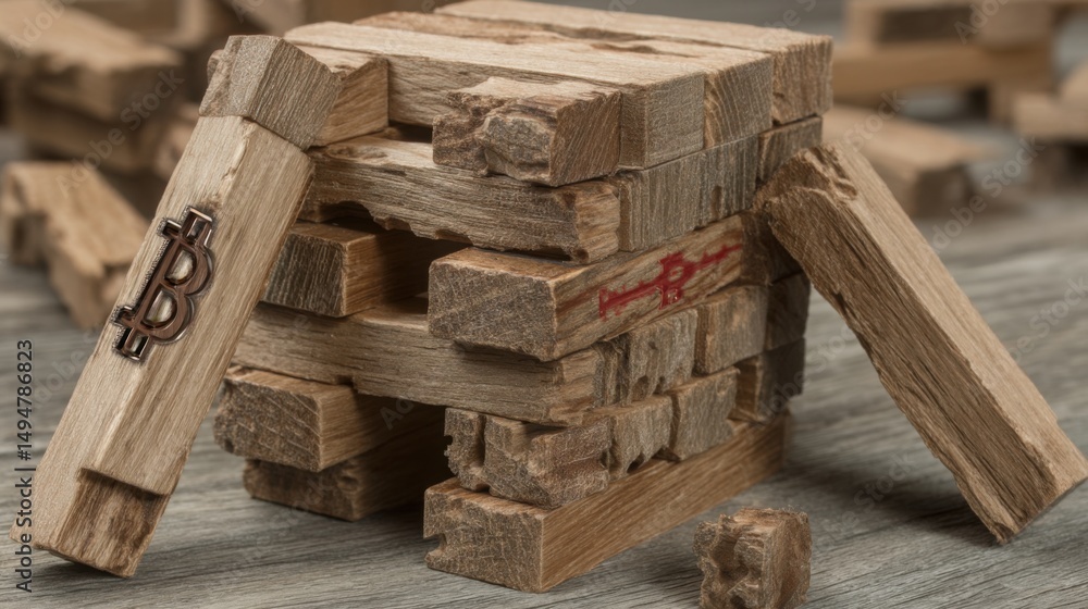 Poster tower of wooden blocks representing stability and structure in a creative economic planning conceptu