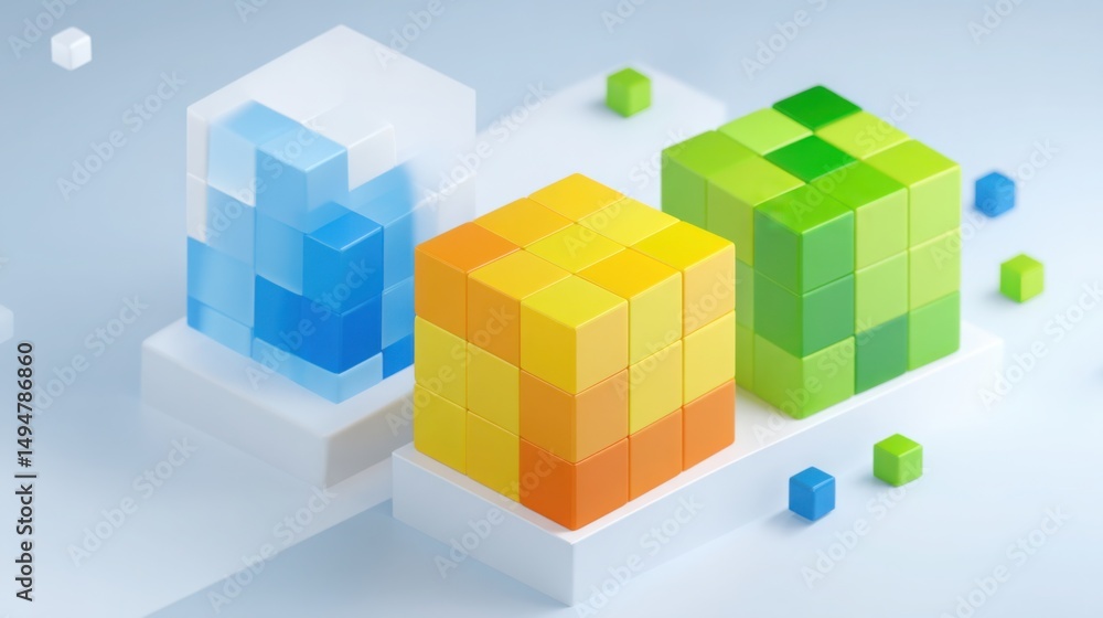 Poster vibrant colorful cubes symbolizing blockchain technology for project completion forecasting and anal