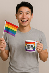 hispanic boy holding pride month flag