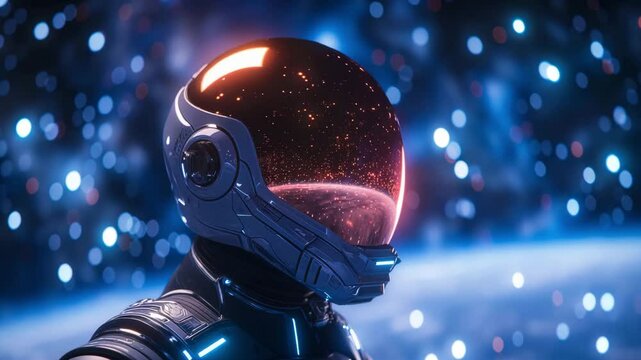 Cosmic exploration captured in stunning 4K, featuring an astronaut in a glowing helmet against a starry background