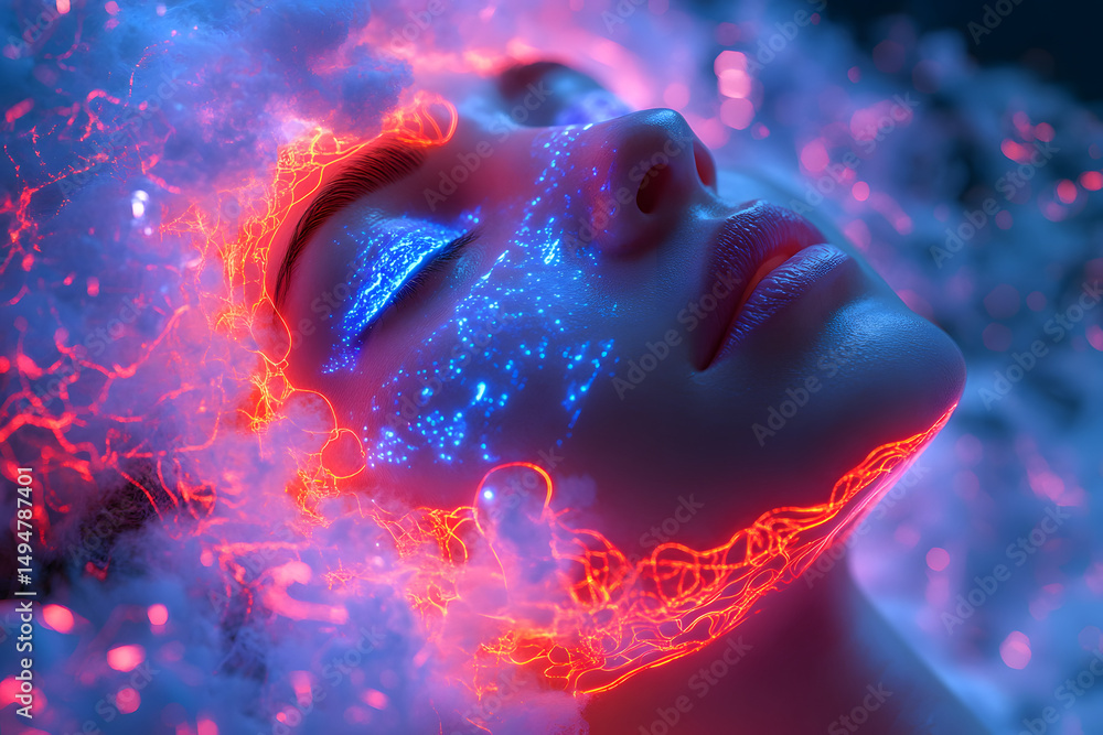 Poster futuristic portrait of a person with floating digital elements and a cloud-like head display in neon