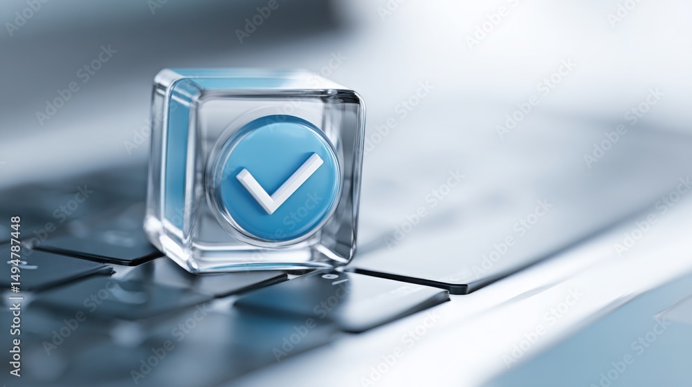 Poster blue tick repeatedly indicating approval and verification in the blockchain certified budget executi