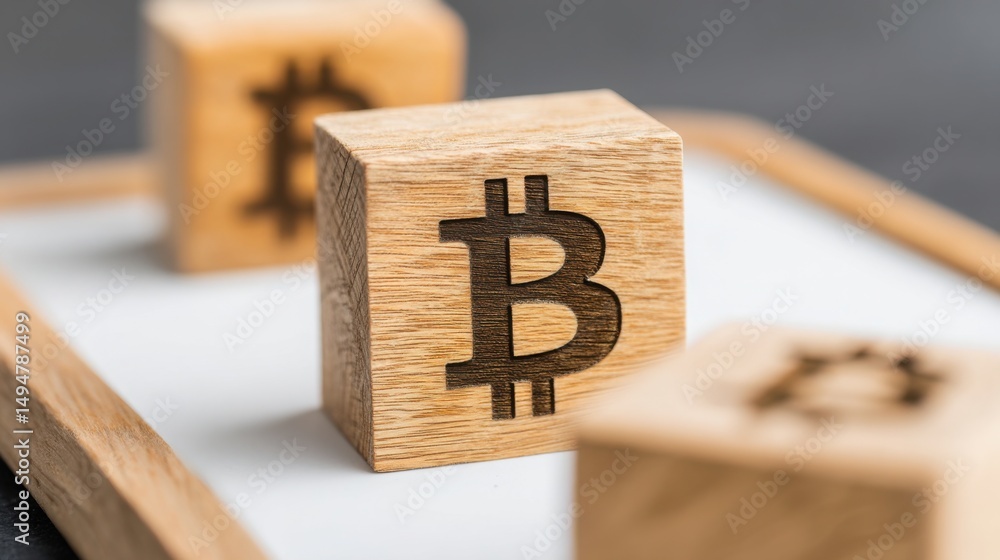 Poster wooden block featuring bitcoin as a representation of blockchain certified budget execution integrit