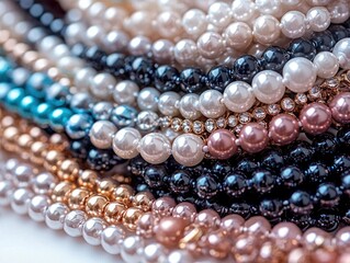 A vibrant collection of pearl necklaces in various colors and sizes, elegantly arranged for display