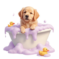 Whimsical retriever bath time adventure digital art cozy home playful joyful scene