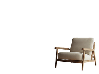 A modern, minimalist armchair with a wooden frame and soft upholstery.