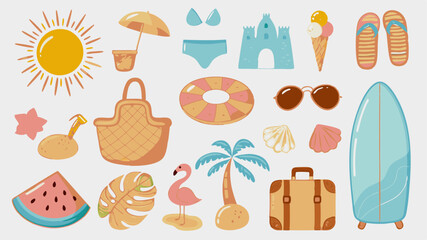 Illustration of beach items including sun, surfboard, and flamingo for summer vacation theme with light background