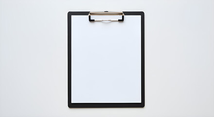 Clipboard with blank paper sheet, positioned upright on white surface