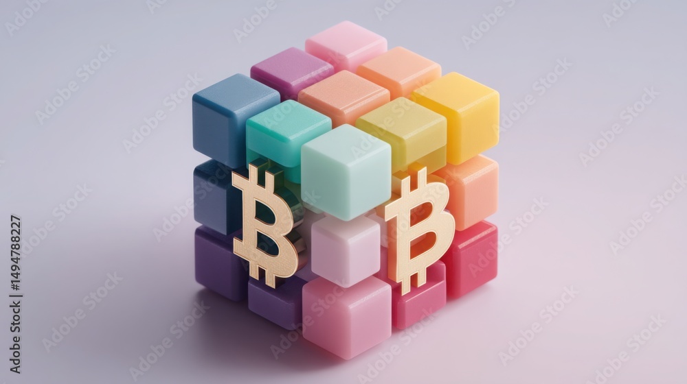 Poster colorful block composition with bitcoin symbol illustrating blockchain technology and volatility wei