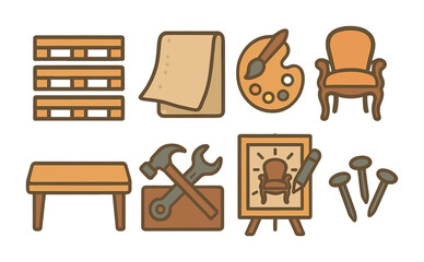 Furniture and home decor icons set – flat, outline, woodworking and design elements
