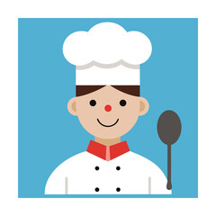 Smiling cartoon chef icon with white chef hat and gray spoon on a blue background